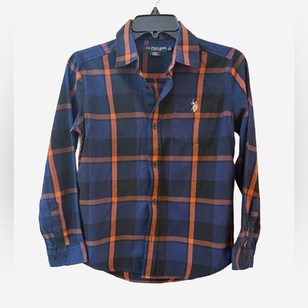 Polo Boys Blue and Orange Plaid Checkered Button Down Shirt‎
